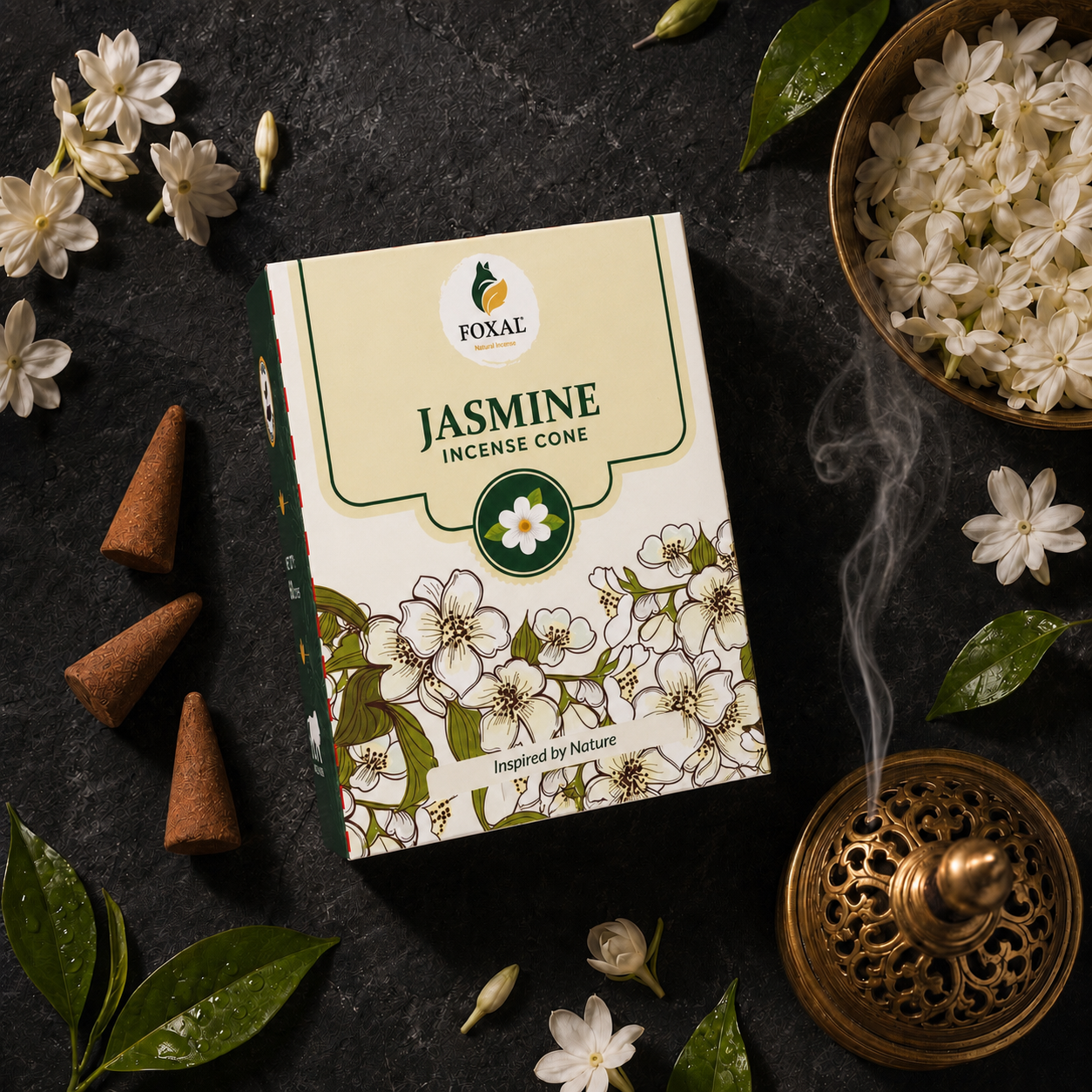 FOXAL Jasmine Natural Incense Cones – Charcoal Free | 60 Cones