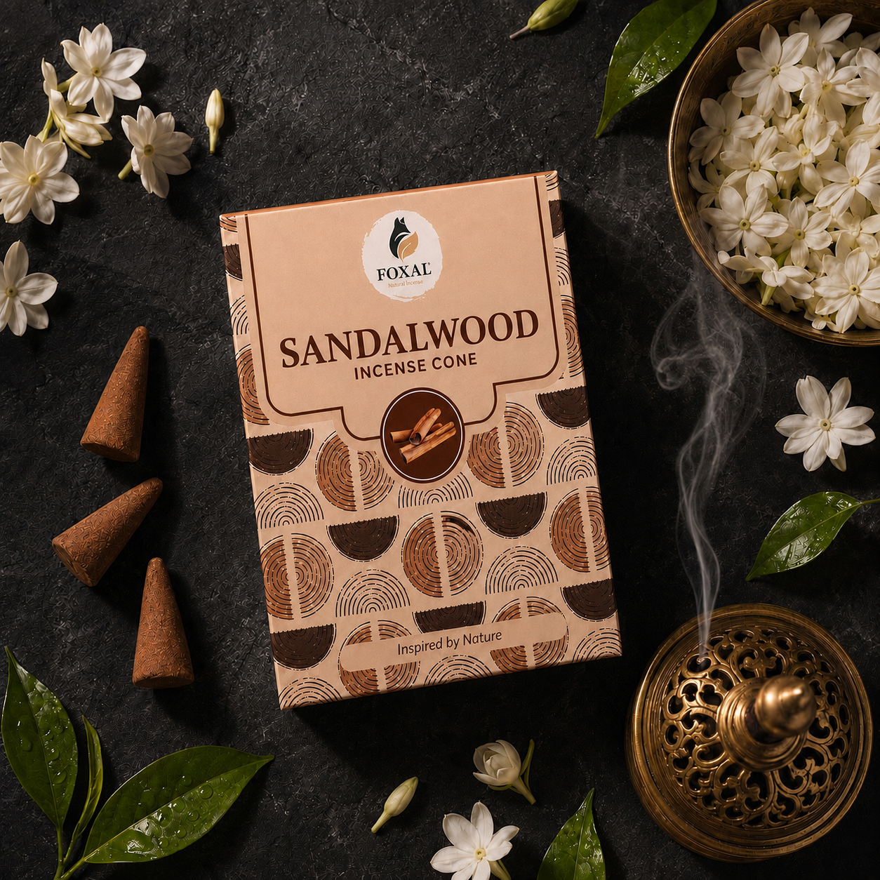 FOXAL Sandalwood Natural Incense Cones – Charcoal Free | 60 Cones