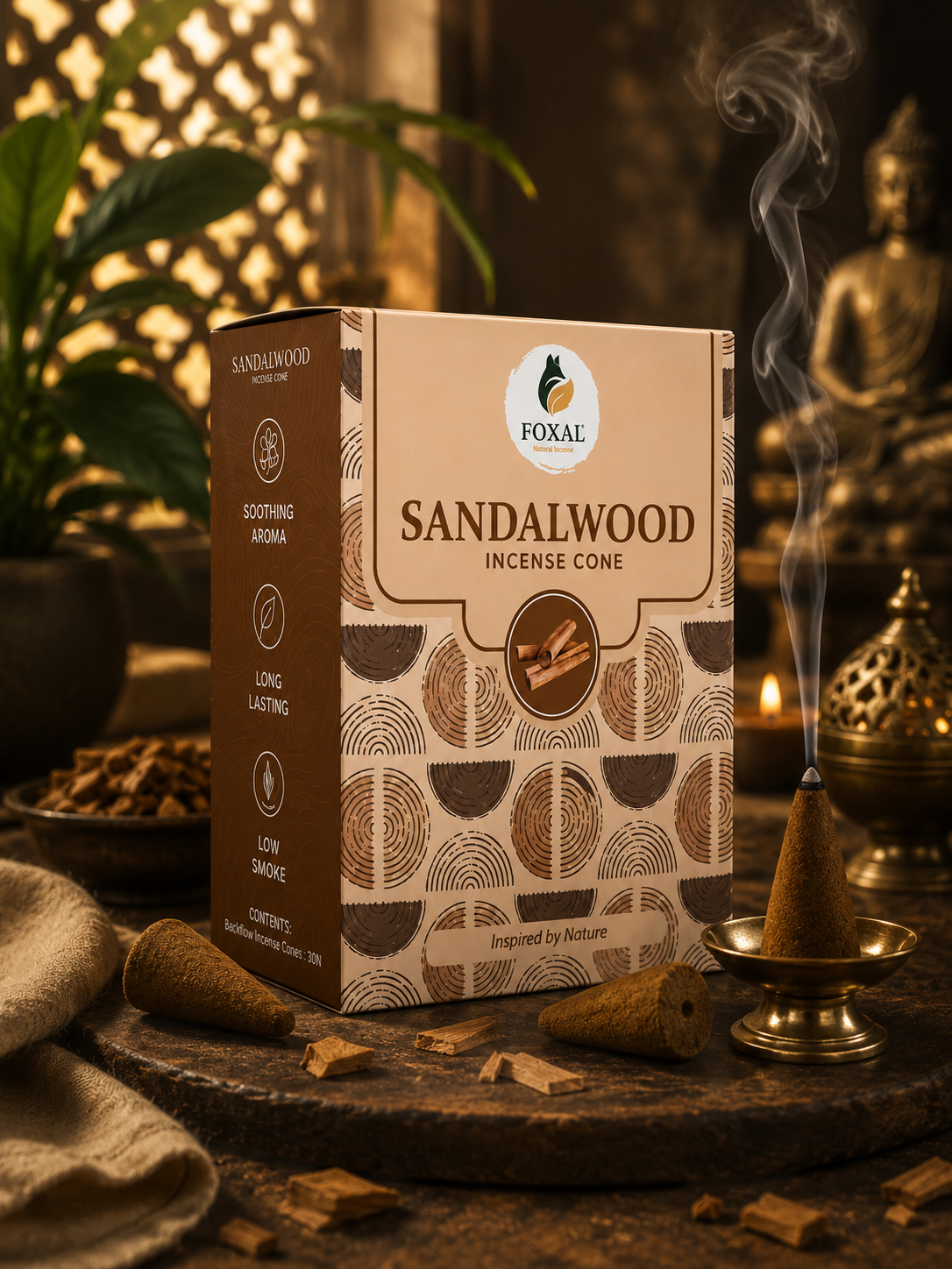 FOXAL Sandalwood Natural Incense Cones – Charcoal Free | 60 Cones