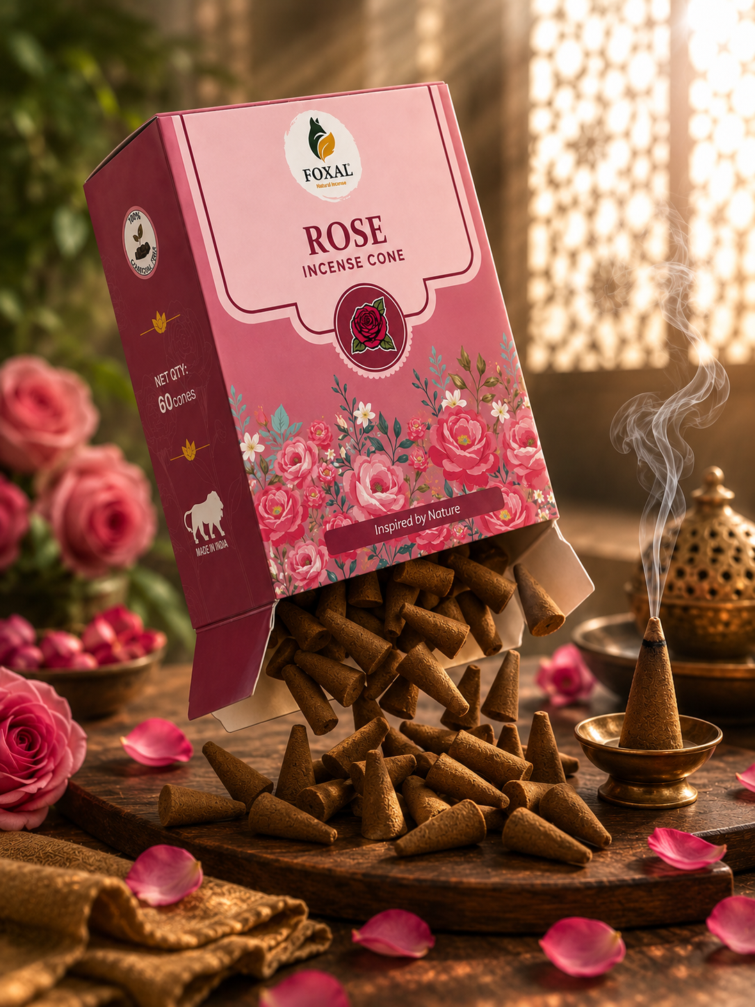 FOXAL Rose Natural Incense Cones – Charcoal Free | 60 Cones