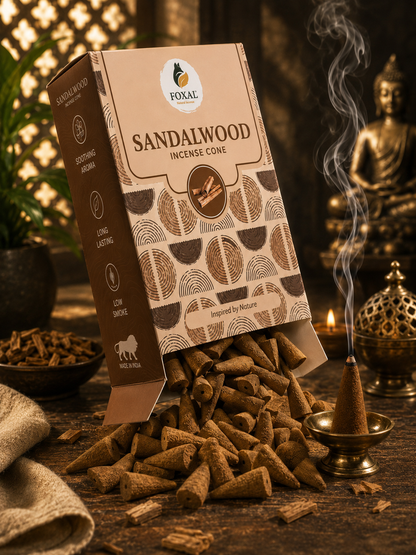 FOXAL Sandalwood Natural Incense Cones – Charcoal Free | 60 Cones