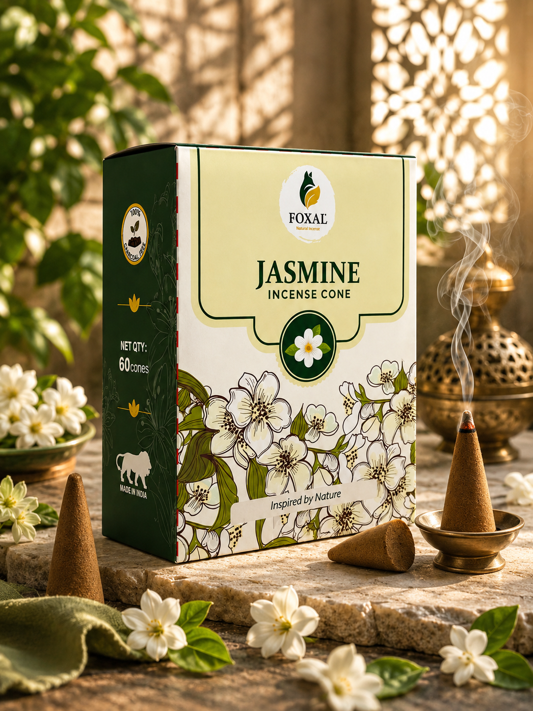 FOXAL Jasmine Natural Incense Cones – Charcoal Free | 60 Cones
